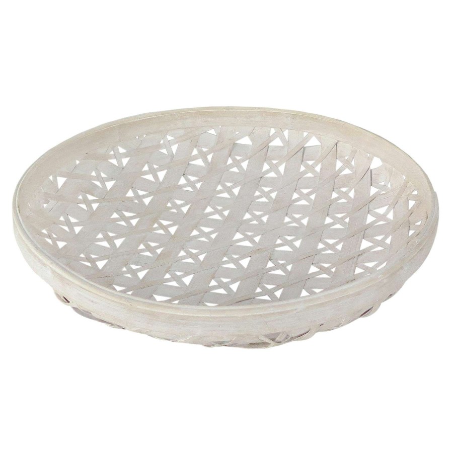 Wall Art * | Clearance Sale Round White Bamboo Decorative Tray, 16