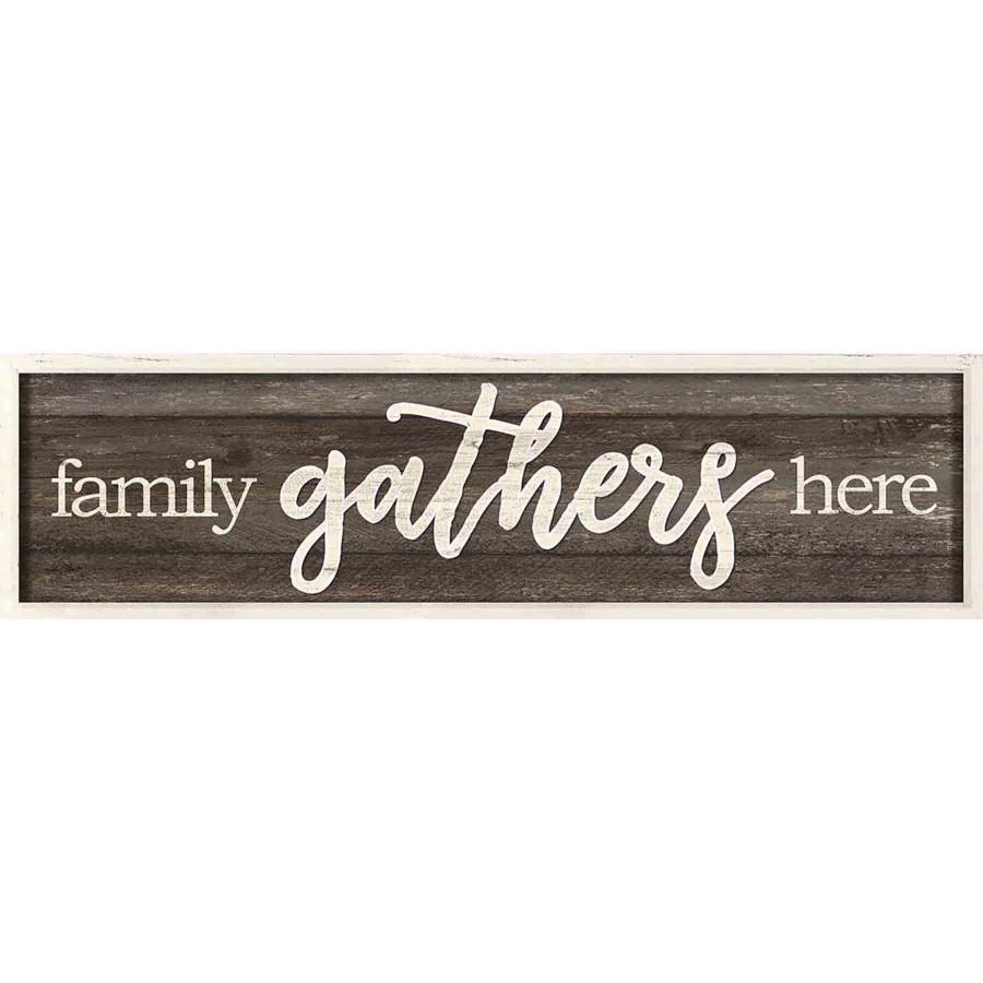 Wall Art * | Popular 8X30 Family Gathers Here Framed Plaque With Lifted Word