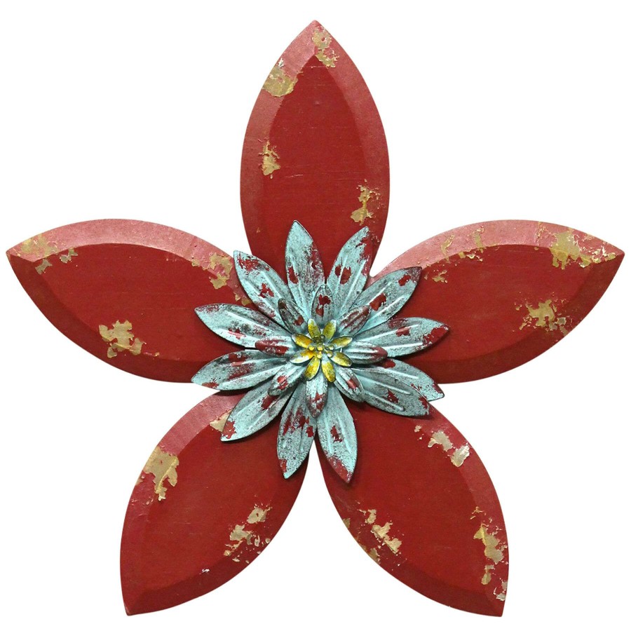 Wall Art * | Quick Delivery 15In. Antique Red Wood Flower Wall Decor