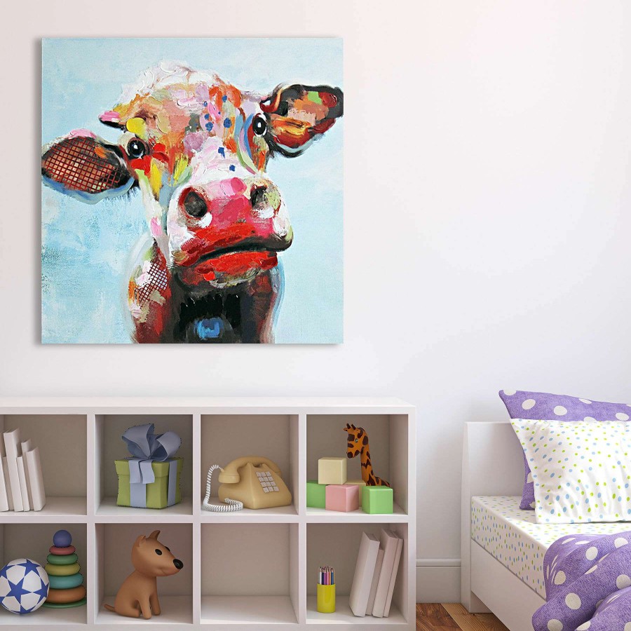 Wall Art * | Hot Sell Colorful Cow Embellished Canvas Wall Art, 35