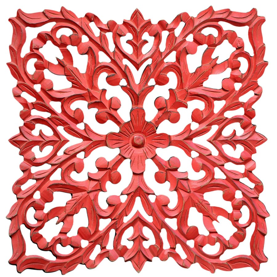 Wall Art * | Top Sellers 16X16 Red Hand Carved Wood Moroccan Panel