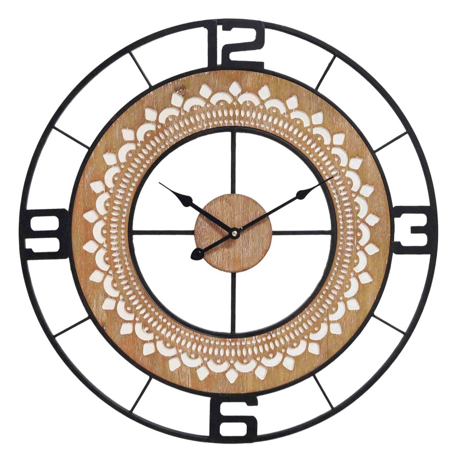 Frames & Clocks * | Tendy Style Wood & Metal Round Wall Clock, 24